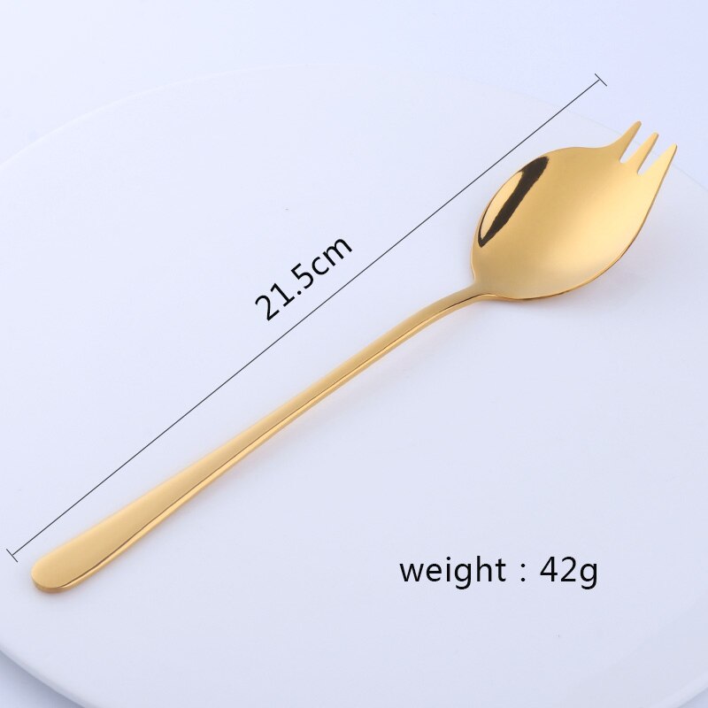 2 in 1 Salad Forks Spoon 304 Stainless Steel Three Tooth Multifunction Dessert Snack Fruit Forks Kitchen Tableware: gold