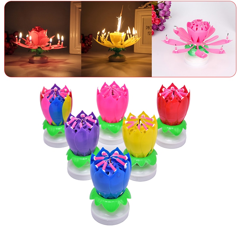 Vela Musical giratoria de flor de loto de feliz cumpleaños, para niños, velas para de cumpleaños, adornos de pastel de 1 pieza