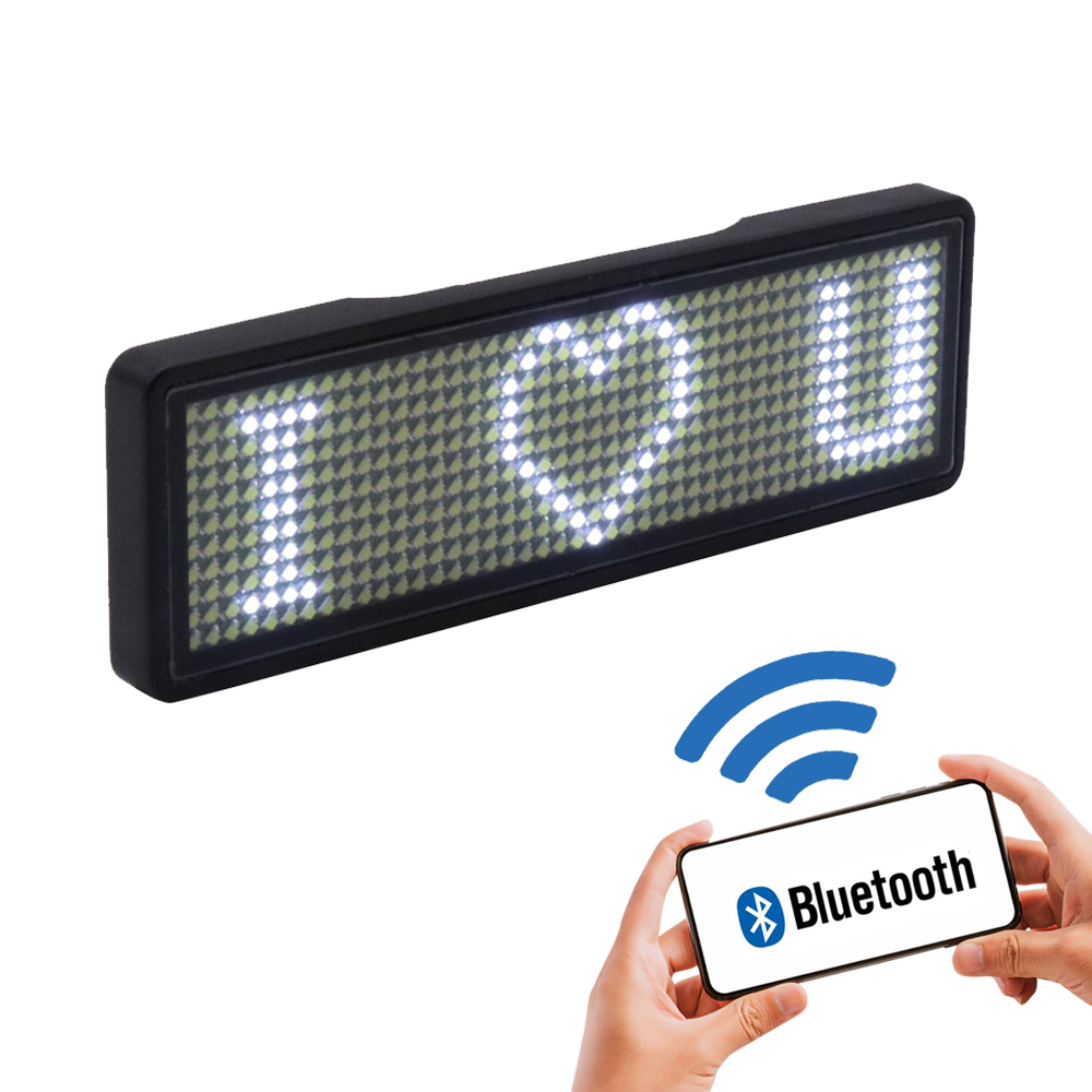 Insignia de nombre LED bluetooth, completamente nueva, compatible con varios idiomas, multiprograma, pantalla LED pequeña, pantalla de texto HD, patrón de dígitos,