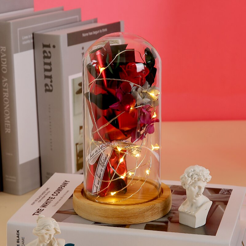 Rose space kunstige blomster tørrede blomster rød rose i glasæske boligindretning fest valentinsdag jul bryllup pige: Lykkebringende rød