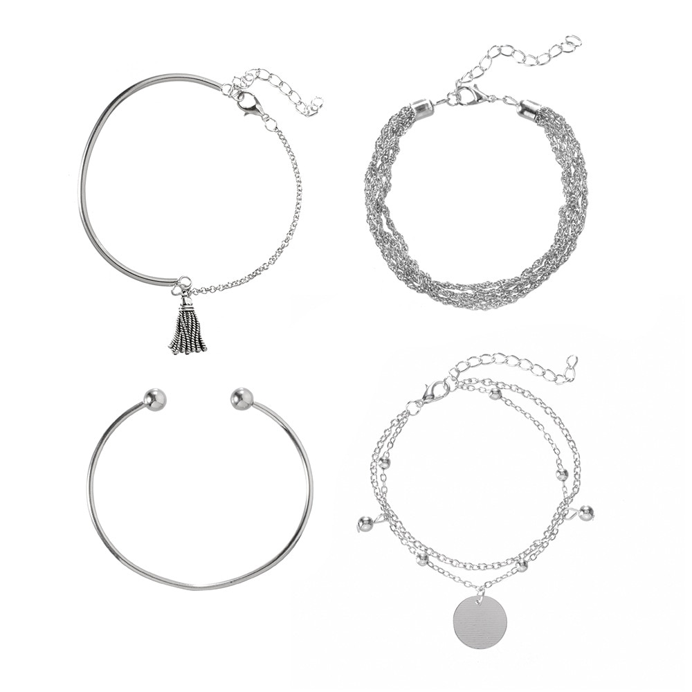 Minimalist Bracelet 4-Piece Silver Color Smooth Tassel Bracelet Cool Multi-Layer Chain round Plate Bracelet for Women
