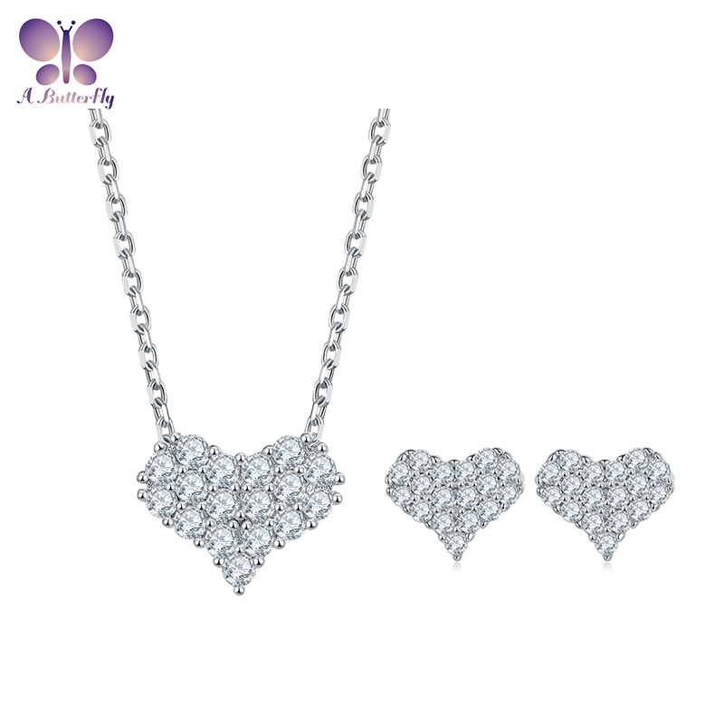 Schmetterlingsschmuck-set 100% 925 sterlingsilber mit moissanit-herzanhänger und ohrsteckern in der farbe d für #39 – party-schmuck