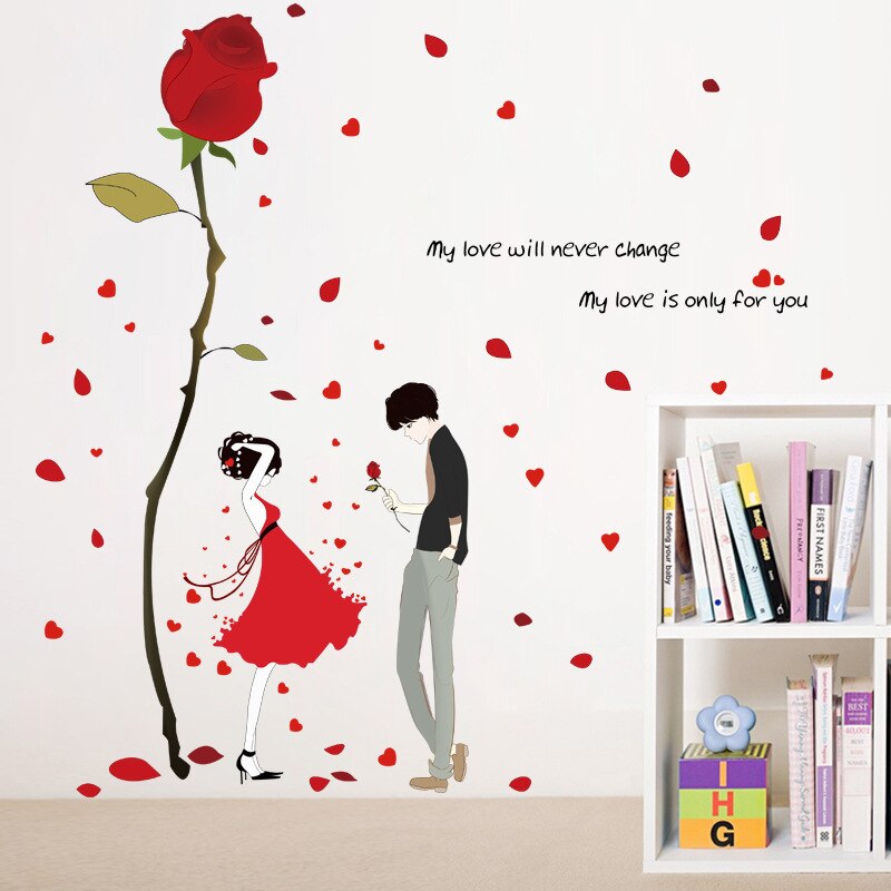 Romantic Rose Flowers Wall Stickers for Couple Bedroom Living Room Home Decoration Self-adhesive Wallpaper PVC Decals Poster