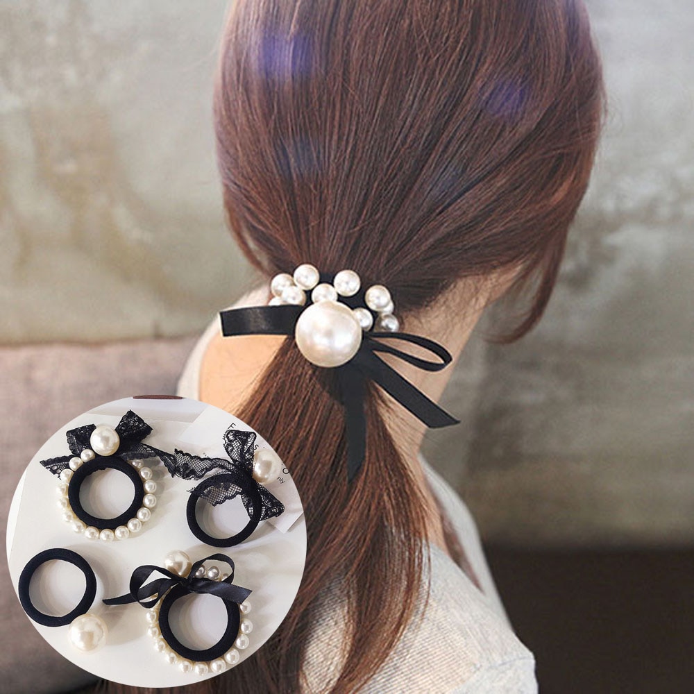 Ruban avec nœud papillon de Style coréen pour femmes et filles, avec Imitation de perles, attaches pour cheveux, cordes et bande en caoutchouc, , élastique pour queue de cheval