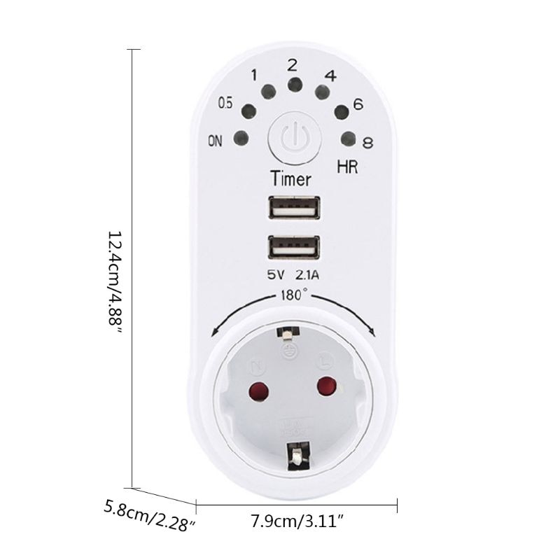EU Plug Countdown Timer Socket Smart Control Dual USB Ports 180 Rotation 8 Hour