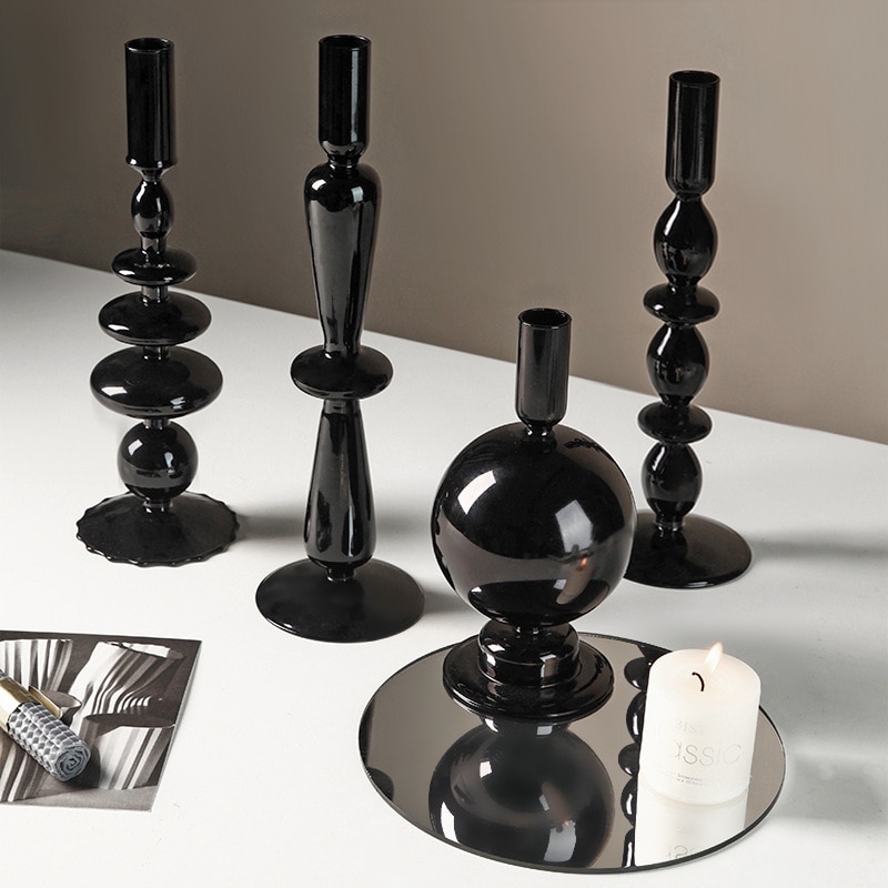 Portavelas de vidrio Retro moderno para el hogar, sala de estar, mesa de cristal negro, Románticas velas, adornos creativos de decoración
