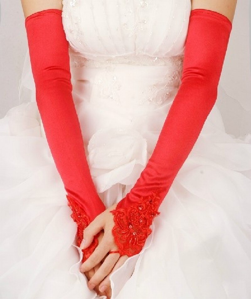 Ladies Long Bridal Glove Sheer Beading White Lace Fingerless Satin Gloves for Bride Weeding Accessoire vestidos de novia
