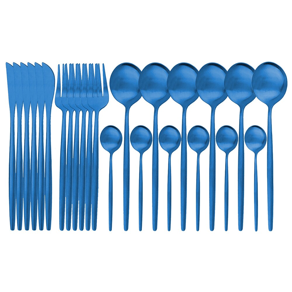 Couverts en or noir mat de 24 pièces | Service de vaisselle en acier inoxydable 304 fourchette cuillère en argenterie, service de couverts de cuisine: 24Pcs Blue