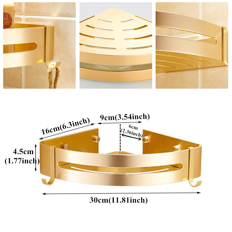 Bathroom Corner Gold Shelf Shower Caddy with Two Hooks Self Adhesive Wall Mount with Screws Storage Shelves Triangle Baskets