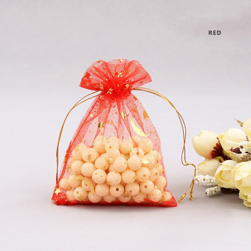 30pcs/lot Moon Star Organza Bags 9*12cm Small Christmas Drawstring Bag Charm Jewelry Packaging Bags & Pouches Candy bag: Red