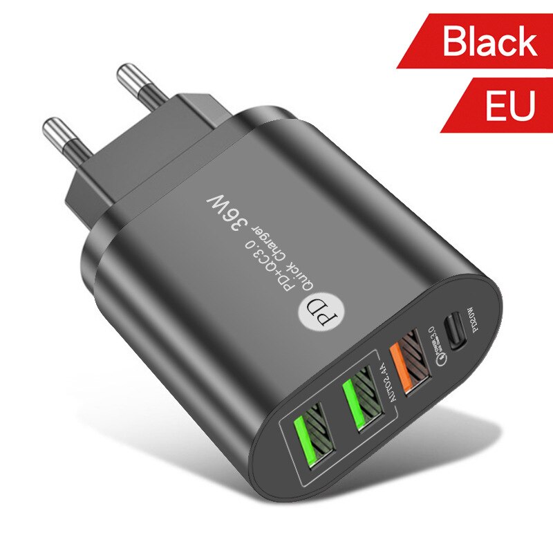 Usb-schnellladeadapter (36w qc3.0 pdx 3 für apple iphone 13 pro, 12, 11, 8, 7, ipad (eu/uk/us-stecker, pd-ladegerät, typ c): Eu-stecker schwarz