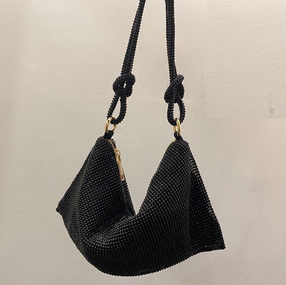 Trendy Volledige Zilveren Strass Onderarm Zak Zachte Inner Casual Fold Mode Schouder Knoop Handtas Partij Clutch: Black