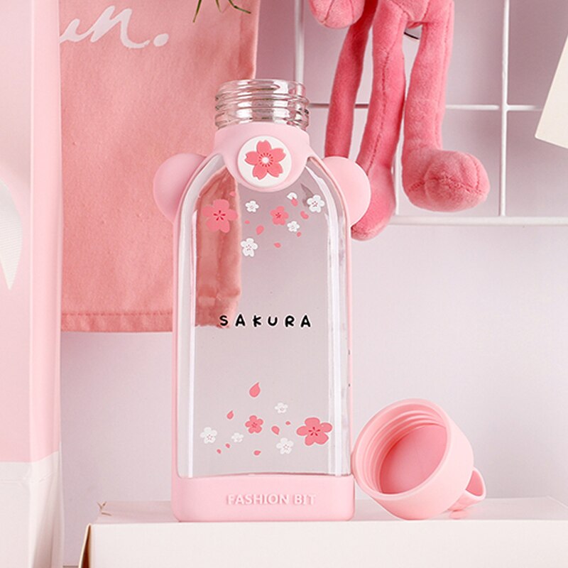Botella de agua de Flamenco de cristal plano a prueba de fugas, de flores de cerezo, transparente, creativa, bonita, portátil, para estudiantes