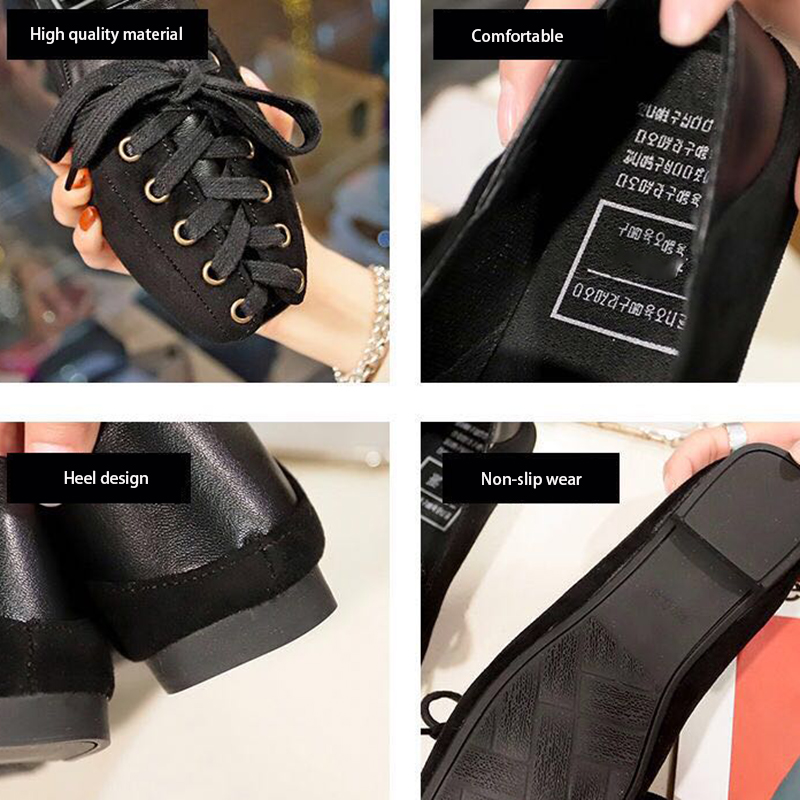 Personality Women Shoes S Spring Lace-Up Casual Loafers Soft Square Toe Flats for Women Shoes Black Loafers Women