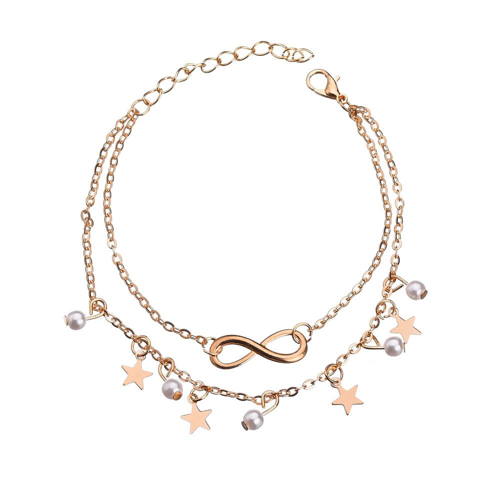 Bohemian Gold Color Infinity Star Leg Bracelet for Women Vintage each Anklet Summer Pearl Beads Sandals Brides Shoes Barefoot