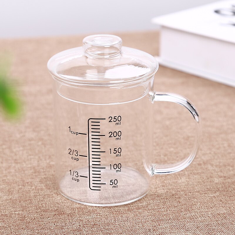 Taza medidora de vidrio resistente al calor, taza de leche para niños, horno microondas, taza de agua, cubierta transparente