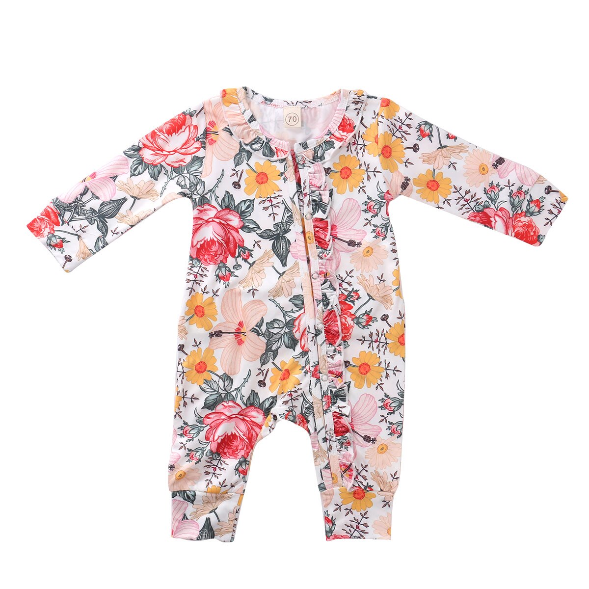 0-24M Peuter Baby Jongen Meisje Jumpsuit Lange Mouwen Ronde Hals Button Front Ruche Bloemen Romper
