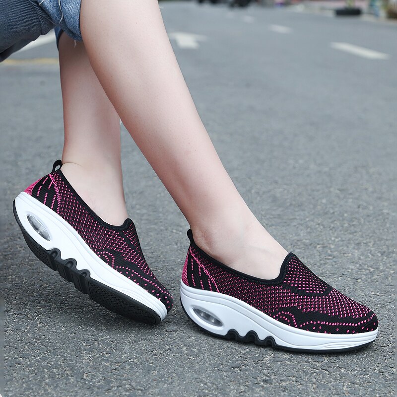 Spring Women Slimming Shoes Slip On Breathable Mesh Sneakers Outdoor Wedge Height Increasing Female Toning Swing Sneakers