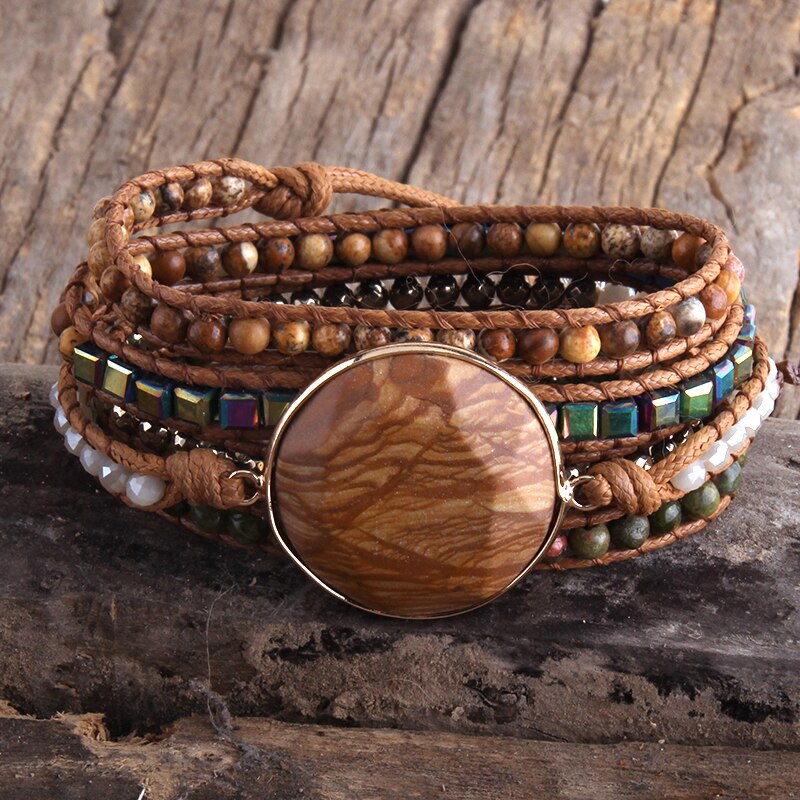 RH Handma Bohemian Jewelry Boho Armbander Natural Stones Big Charm 5 Strands Wrap Bracelets