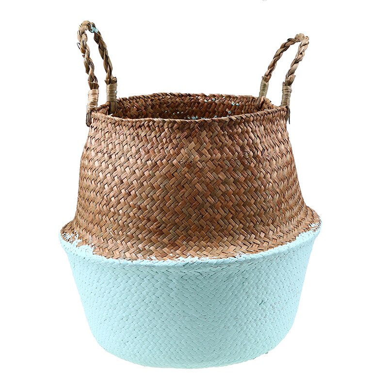 Small Wicker Basket with Handles Seagrass Woven Storage Basket Laundry Toys Picnic Basket Foldable Belly Organizer: sky blue / XS-16x13cm