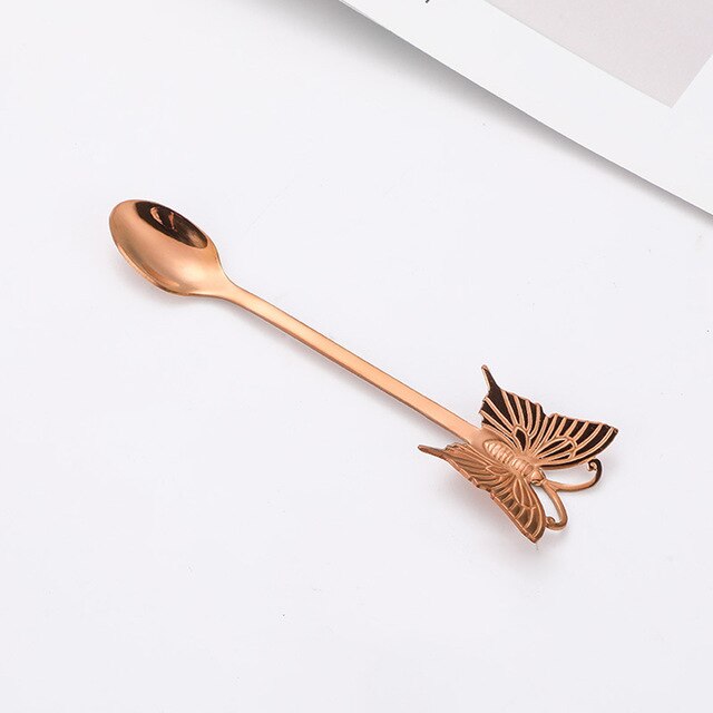 Dessert Cake Fork Stainless Steel Coffee Spoon Butterfly Fruit Fork Milk Shake Spoon Reusable Spoon Smoothie Spoon: Rose gold-Spoon