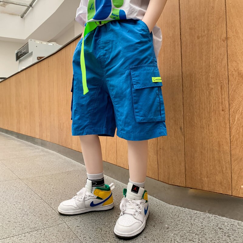 Baby Boys Shorts Casual Solid Colors Elastic Waist With Belt Pants Summer Mid Length Kids Trousers Soft Pants Children Clothes: Blue / 13