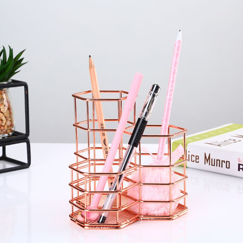 Metalen zeshoekige gouden pennenhouder, make-upborstelhouder, organizer, bureau-organizer voor stationaire opslag, kantooraccessoires, decoratie