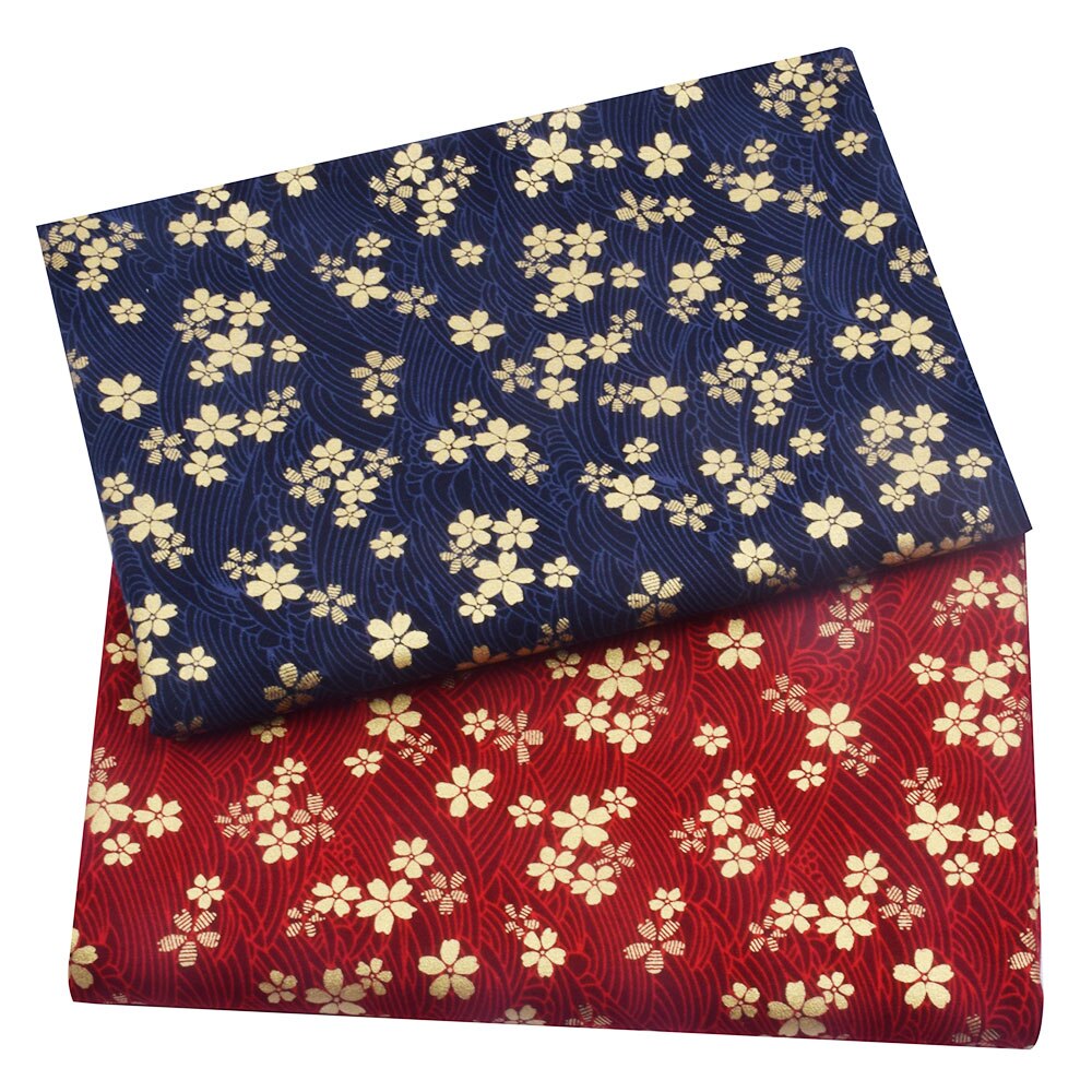 Cotton Japanese Sewing Fabric Red, Navy Blue With Golden Blossom Bronzing Fabric, Making Purse, Headband Material