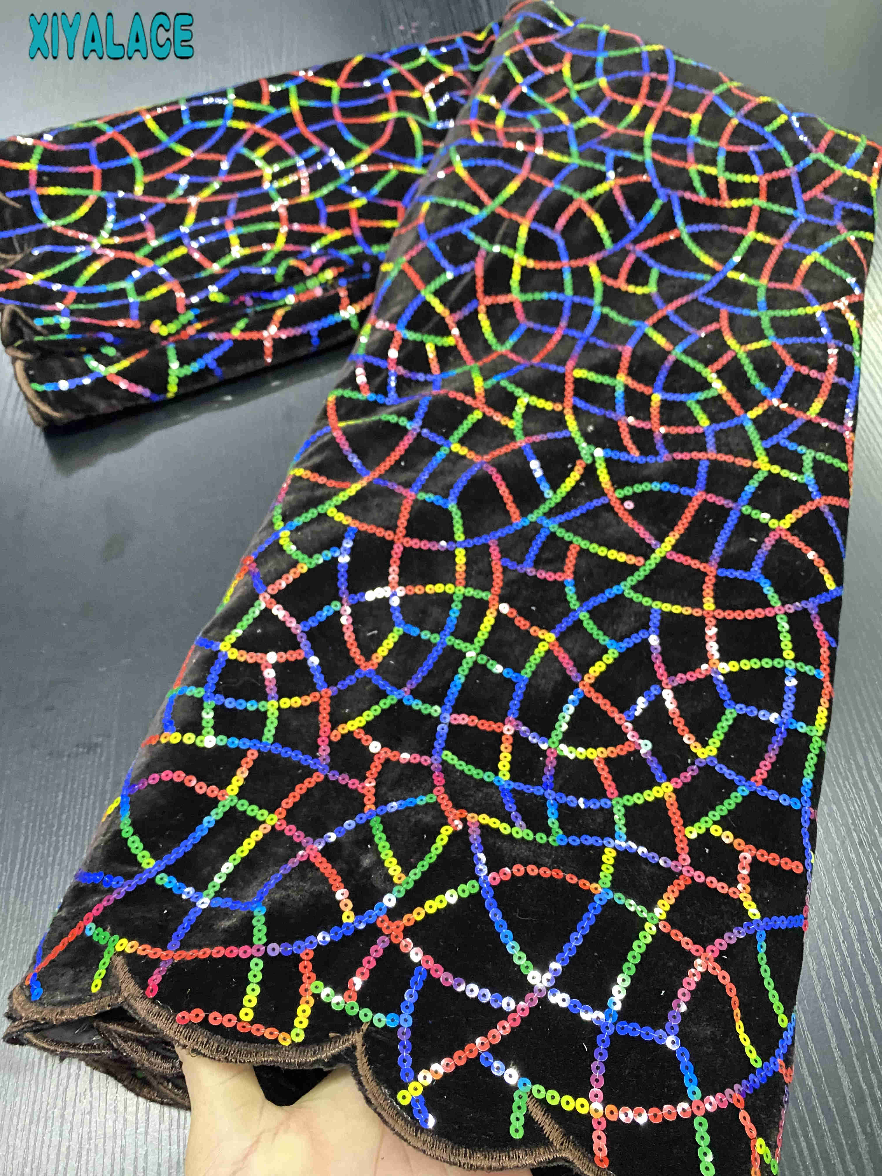 Afrikaanse Fluwelen Kant Stof Pailletten Kant Materiaal Franse Kant Stof Nigeriaanse Kant Stoffen Naaien YA3418-4: Picture 1