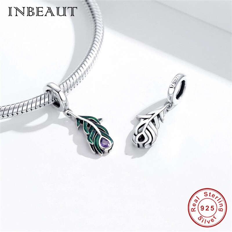 INBEAUT Bunte pfau feder 925 sterling silber original anhänger fit armband oder halskette emaille charme DIY hohe schmuck