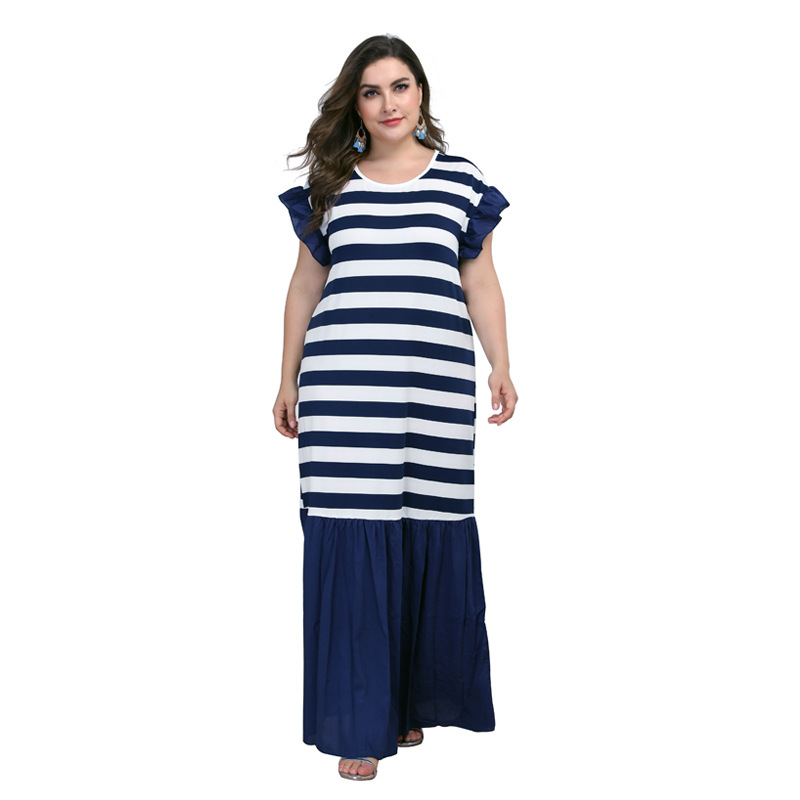 Plus Size Zomer Lange Jurk Vrouwen Zomer Ruches Korte Mouwen Gestreepte Print Patchwork Maxi Lange Jurk Dames Tuniek Strand Jurken: XXL