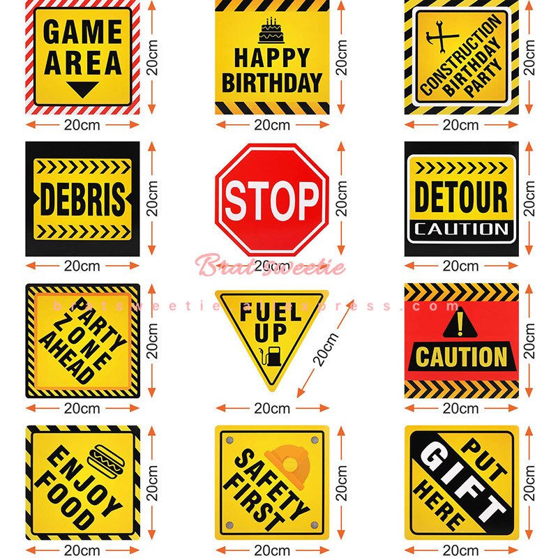 12pcs/set Construction Party Paper Traffic Signs Boys Themed Birthday Decorations Kids Party Supplies
