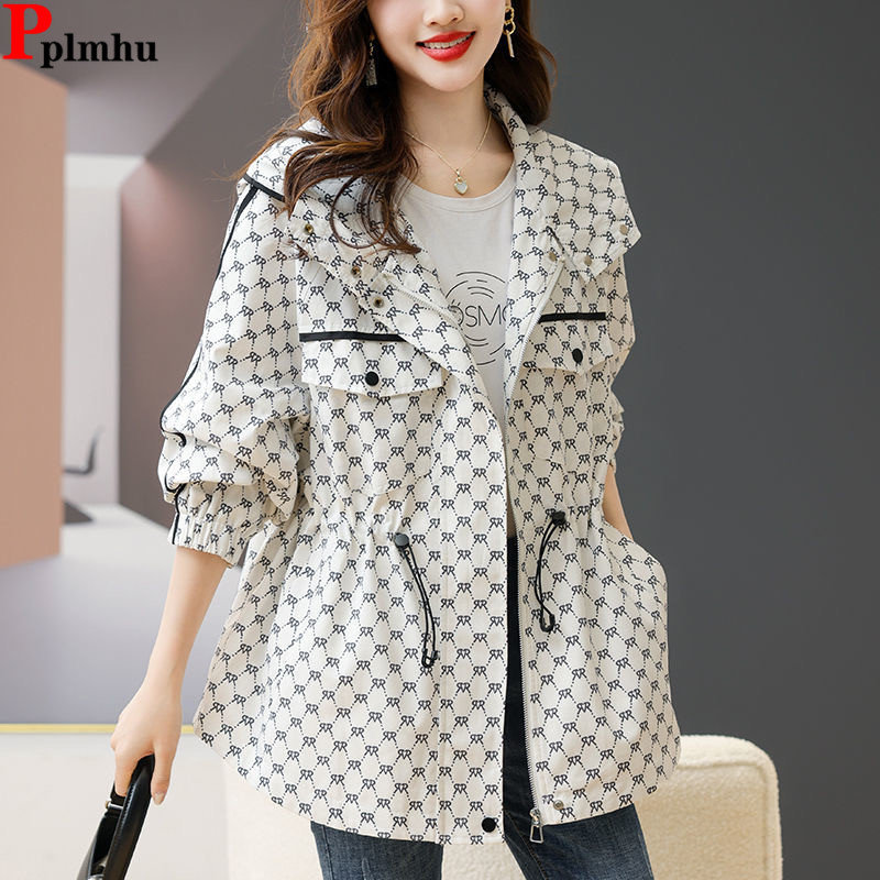 Impressão com capuz gabardina outerwears cordão cintura comprimento médio tamanho grande 4xl solto trench coats coreano casual feminino blusão