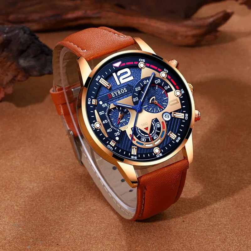 2 Stück einstellen Herren Kalender Uhren Luxus männlich Geschäft lässig braun Leder Quarzuhr Männer Armbinde Armbanduhr