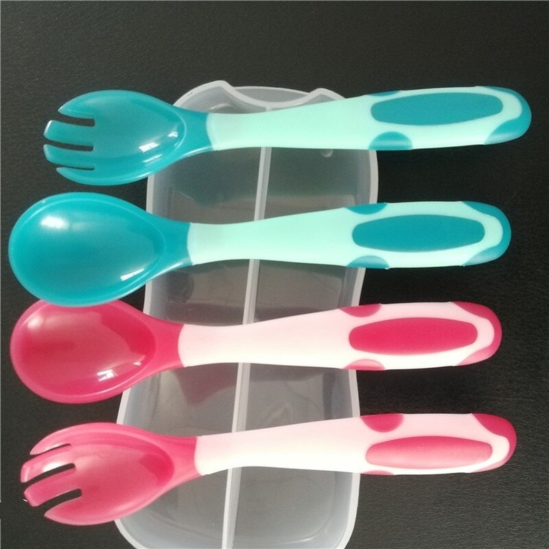 Baby Silicon Spoon Fork With Case Baby Safety Temperature Heat Sensing Feeding Spoon Kids Children Flatware Feeding Spoons