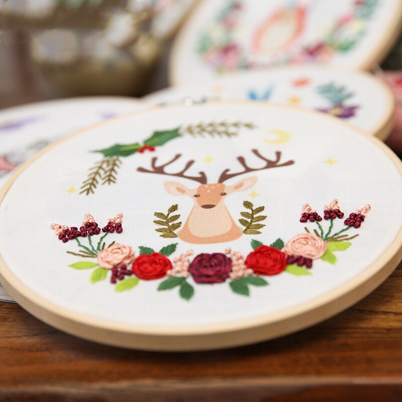 1 sett håndlaget broderisett til nybegynnere, nybegynnere å lage broderi blomstermateriale pakke tegneseriedyr med ramme hjemmeinnredning