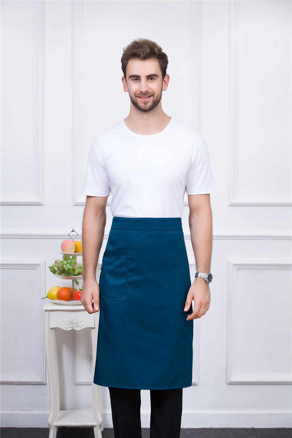 7 kleuren Mannen Vrouwen Pure Kleur Verstelbare Chef Werk Uniformen Accessoires Keuken Koken Food Service Effen Schort met Een Pocket: Blauw