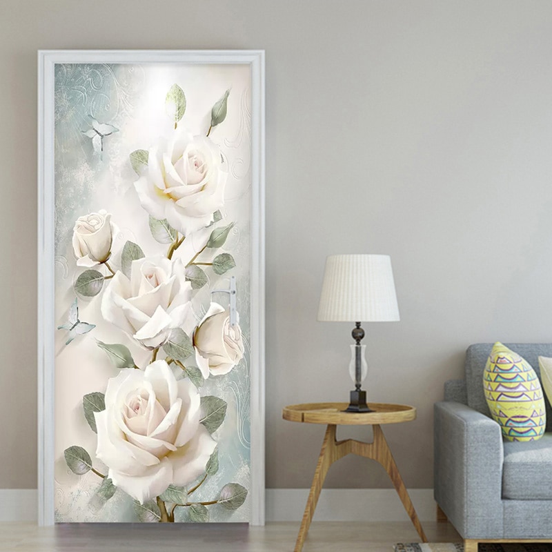 Modern Flowers Oil Painting 3D Wall Door Sticker Living Room Bedroom Wallpaper PVC Self-Adhesive Waterproof Home Door Decal 3 D