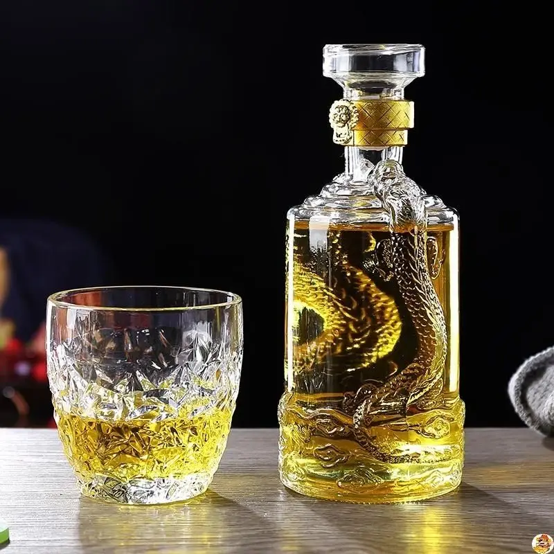 Decantador de whisky de forma redonda de 500ML con grabado de dragón, botella de Alcohol para licor Scotch Bourbon