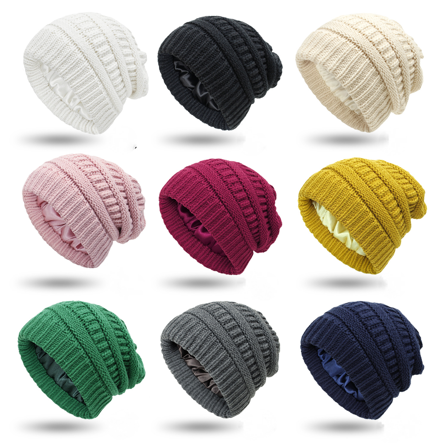 Gorro de punto cálido para mujer, gorro de punto con forro de seda satinada, gorro grueso y holgado con calavera, 9 colores, de invierno, 2022