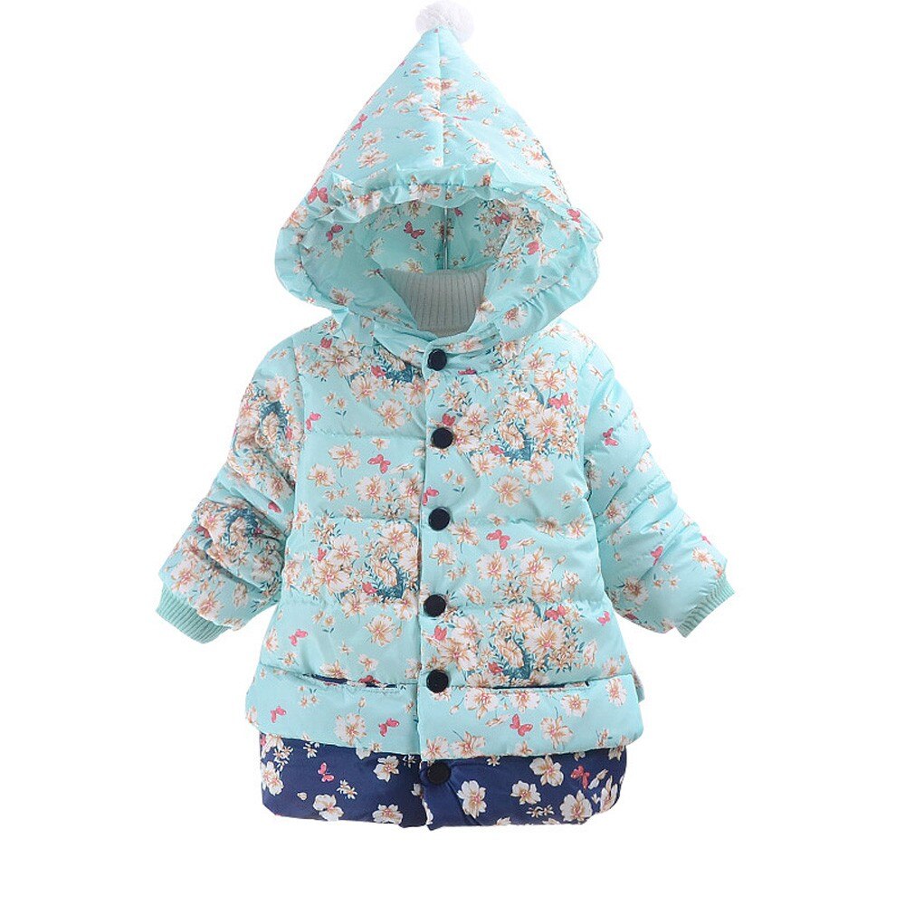 Baby Girl Boy Plus Fur Warm Jacket Toddler Floral Print Winter Warm Jacket Hooded Windproof Coat Baby's Thickened Cotton Padded