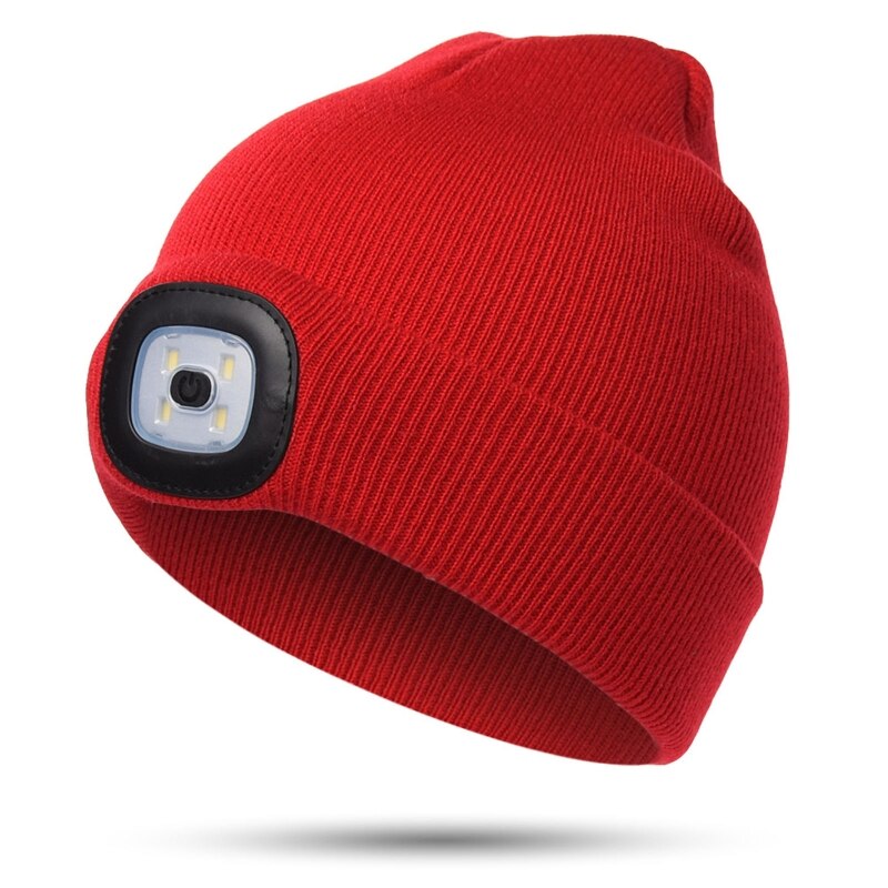 LED Lighted Beanie Rechargeable 4 LED Headlamp Hat,Knitted Winter Hat G99D: Red