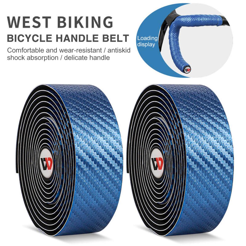 2 pièces vélo de route guidon sangle résistant à l'usure en cuir PU carbone impression barre de vélo poignées envelopper ensemble de ruban accessoires de vélo: Blue