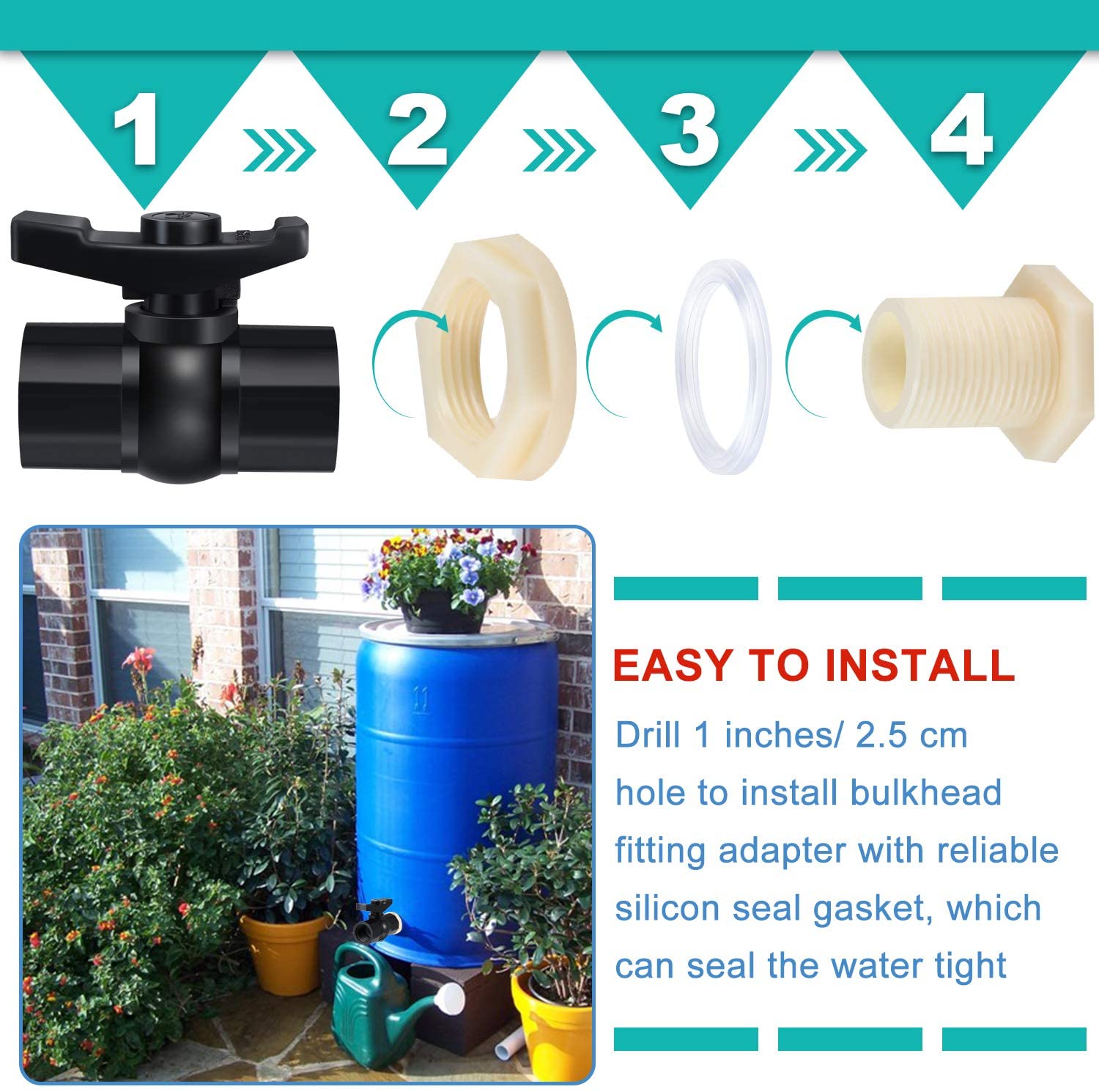 Rain Barrel Garden Spigot 3/4 Inch PVC Ball Valve (Female Thread) with Bulkhead Fitting Adapter (Male Thread) for Aquariums Pool