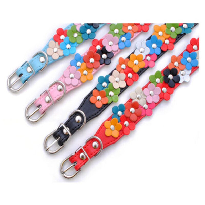 Colours Flower Studded Dog Coller Collar Pu Leather Pet Puppy Cat Neck Strap
