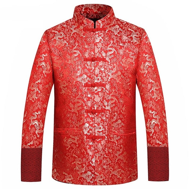 Rode Zijde Jas Mannen Herfst Draak Cheongsam Tops Plus Size 4XL Traditionele Chinese Kleding Tang Pak Bruiloft Jas