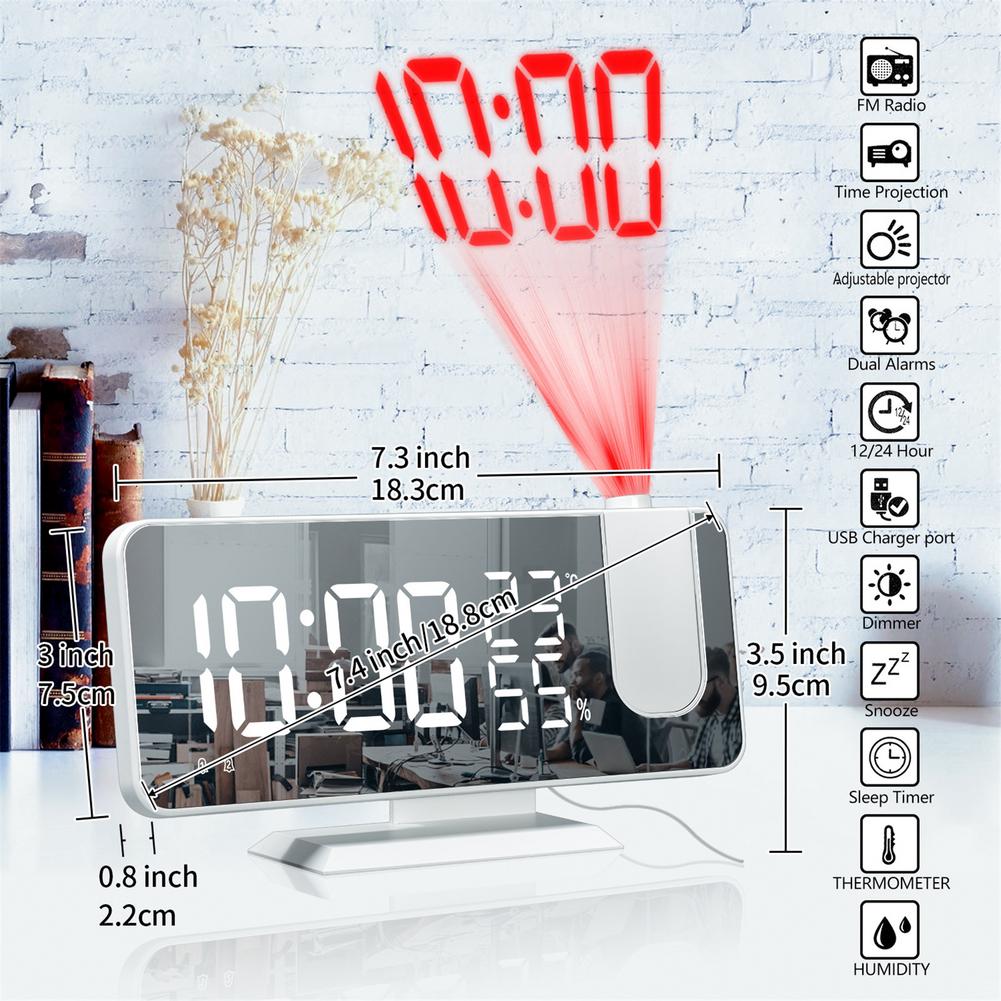 LED Digital Projection Alarm Clock Watch Table Electronic Desktop Clocks USB Wake Up FM Radio Time Ceiling Projector Function: white