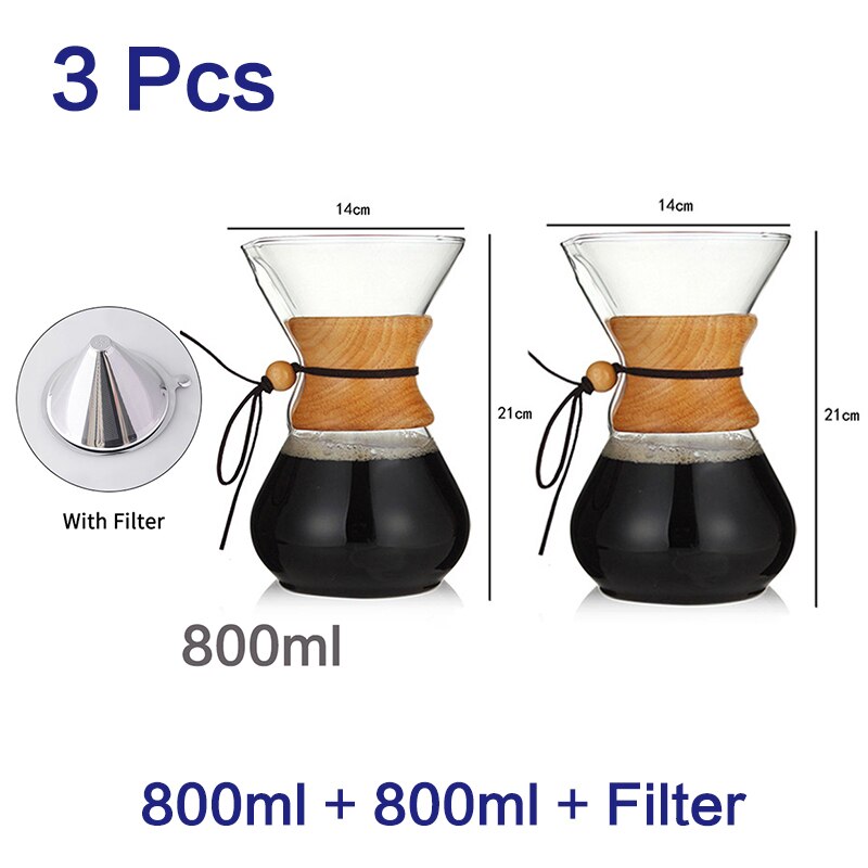 400ml 600ml 800ml Espresso Coffe Machine tea water Pot set Stainless Steel Filter Pot Resistant Glass Maker Coffee Pot: 800ml set