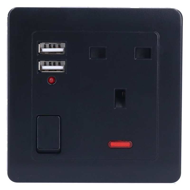 power socket Multi-Functional Wall Power Outlet Socket with 2 USB Port 13A for Home Office UK Plug 250V Black enchufe pared