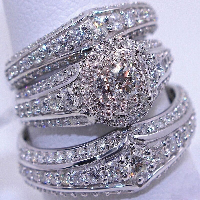 3 pçs/set Luxo Requintado Mulheres Anel de Cristal Branco de Noiva Banquete Cocktail Aniversário Anel de Noivado Anel de Casamento Conjunto de Jóias